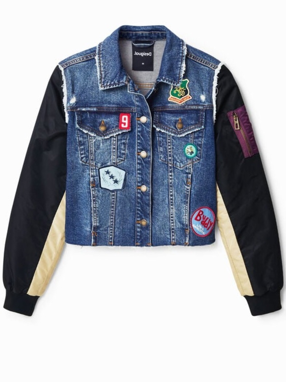 Desigual NWT Rare Hybrid Denim Bomber Jacket XL Patchwork Cropped Streetwear - Picture 1 of 9